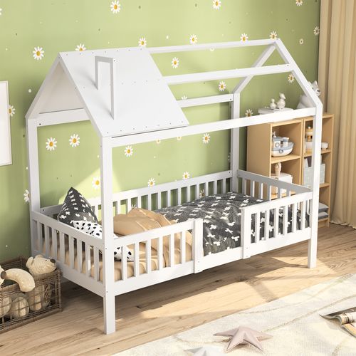 Lit Cabane De 90 X 200 Cm, Pour Enfant Avec Rail De Protection, Cadre à Lattes En Pin Massif, Blanc