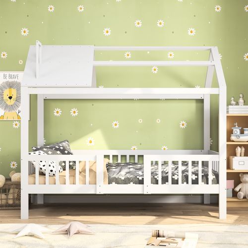 Lit Cabane De 90 X 200 Cm, Pour Enfant Avec Rail De Protection, Cadre à Lattes En Pin Massif, Blanc