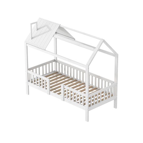 Lit Cabane De 90 X 200 Cm, Pour Enfant Avec Rail De Protection, Cadre à Lattes En Pin Massif, Blanc