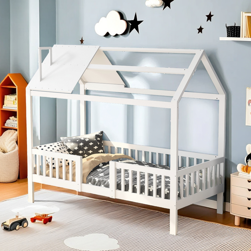 Lit Cabane De 90 X 200 Cm, Pour Enfant Avec Rail De Protection, Cadre à Lattes En Pin Massif, Blanc