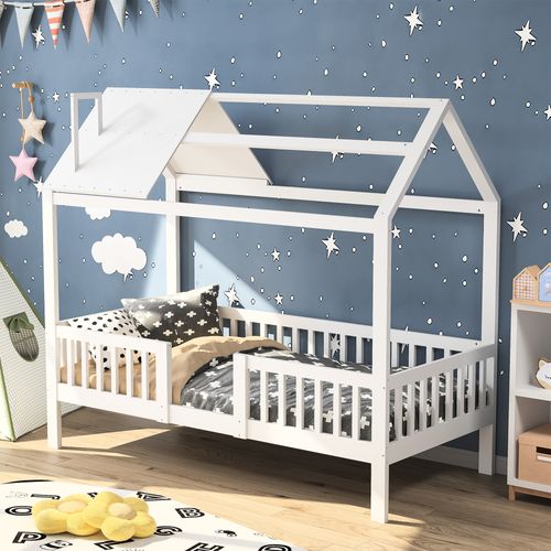 Lit Cabane De 90 X 200 Cm, Pour Enfant Avec Rail De Protection, Cadre à Lattes En Pin Massif, Blanc