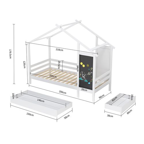 Lit Cabane Enfant 90 X 200 Cm, Lit Au Sol Avec Protection Anti Chute Et Sommier à Lattes, Blanc