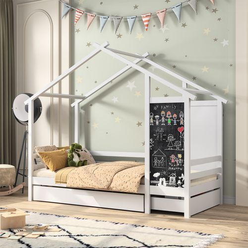 Lit Cabane Enfant 90 X 200 Cm, Lit Au Sol Avec Protection Anti Chute Et Sommier à Lattes, Blanc