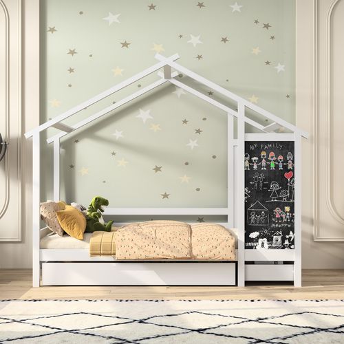 Lit Cabane Enfant 90 X 200 Cm, Lit Au Sol Avec Protection Anti Chute Et Sommier à Lattes, Blanc