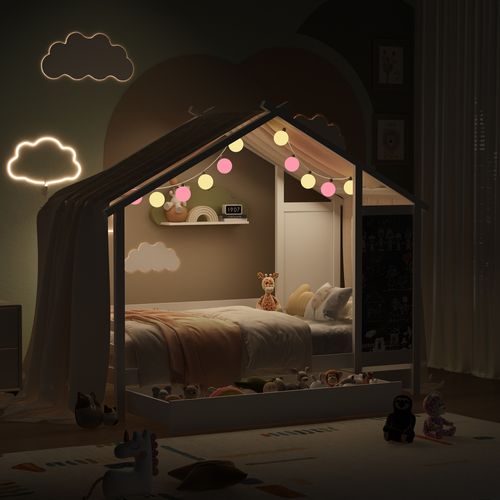 Lit Cabane Enfant 90 X 200 Cm, Lit Au Sol Avec Protection Anti Chute Et Sommier à Lattes, Blanc