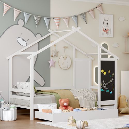 Lit Cabane Enfant 90 X 200 Cm, Lit Au Sol Avec Protection Anti Chute Et Sommier à Lattes, Blanc