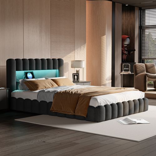Lit Rembourré 180x200 Cm Avec LED Et Point De Charge USB, Avec Fonction Et Sommier à Lattes,lin,gris