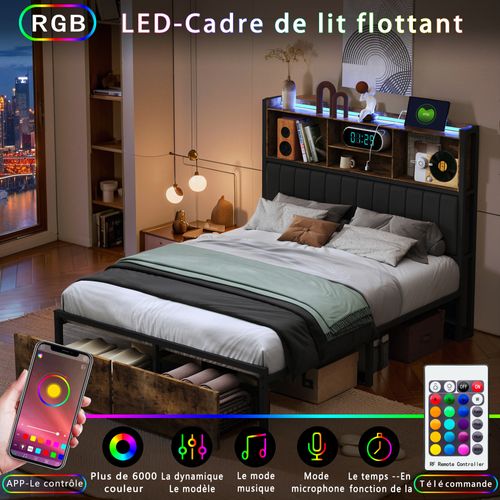 Lit Double 160x200 Cm, Lit Capitonné Avec LED Et Prises USB, Pu Tête De Lit Avec Rangement,  Noir