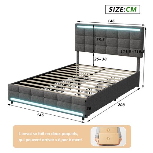 Lit Double 140x200cm, Avec LED Et Port De Charge USB, Disposant De 4 Tiroirs, Lin , Gris