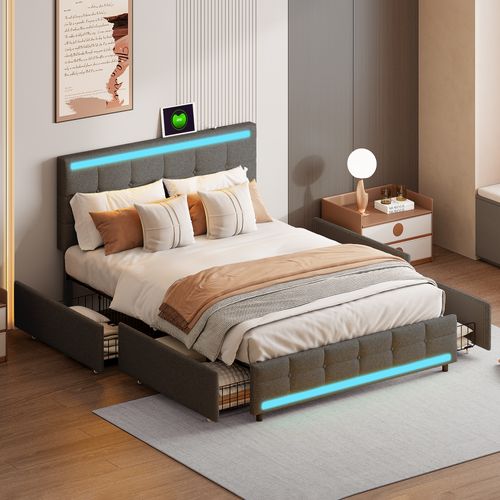 Lit Double 140x200cm, Avec LED Et Port De Charge USB, Disposant De 4 Tiroirs, Lin , Gris
