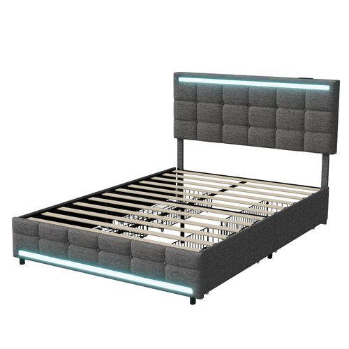 Lit Double 140x200cm, Avec LED Et Port De Charge USB, Disposant De 4 Tiroirs, Lin , Gris