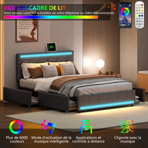 Lit Double 140x200cm, Avec LED Et Port De Charge USB, Disposant De 4 Tiroirs, Lin , Gris
