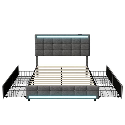 Lit Double 140x200cm, Avec LED Et Port De Charge USB, Disposant De 4 Tiroirs, Lin , Gris