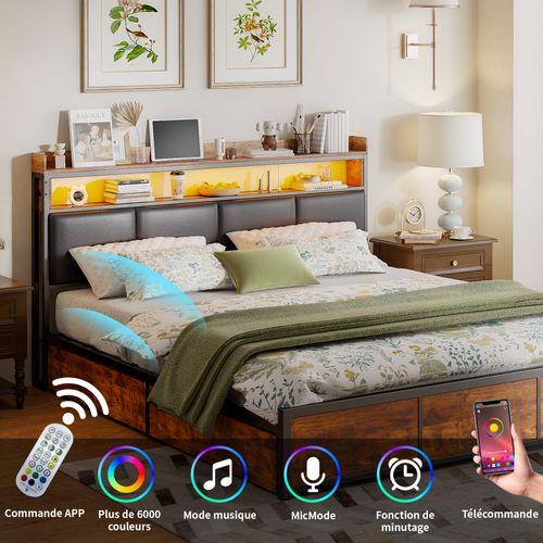 Cadre De Lit 180 X 200 Avec Sommier En Métal, Lit 2 Personnes Avec Rangement Et LED, Pu, Noir