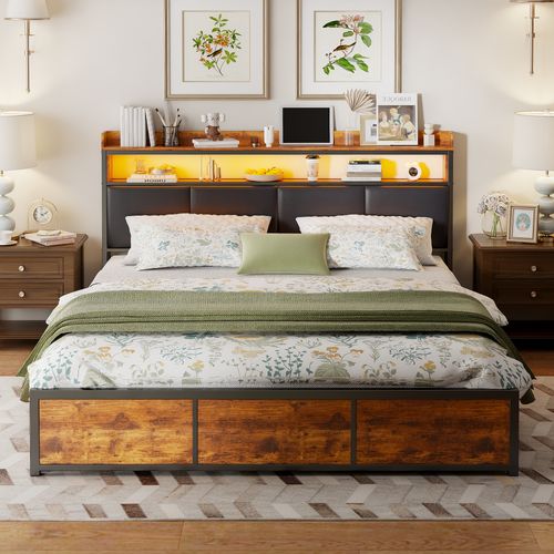 Cadre De Lit 160 X 200 Avec Sommier En Métal, Lit 2 Personnes Avec Rangement Et LED, Pu, Noir