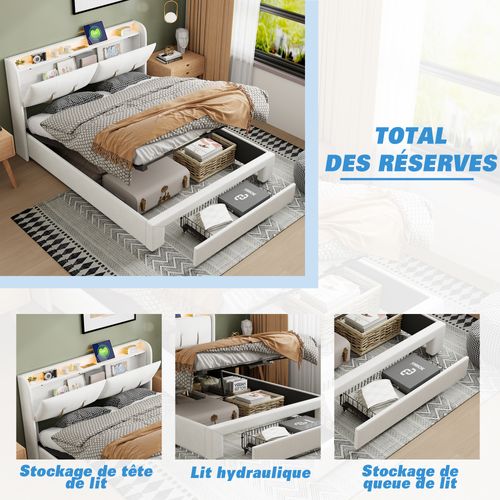 Lit Coffre 160x200 Cm Avec LED Et USB, Lit Double Rembourré Avec Tiroirs, Velours, Beige