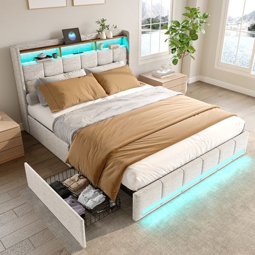 Lit 160x200 Cm Avec LED Et USB, Coffre Avec 4 Tiroirs Et Grand Rangement, Double Avec Lattes, Beige