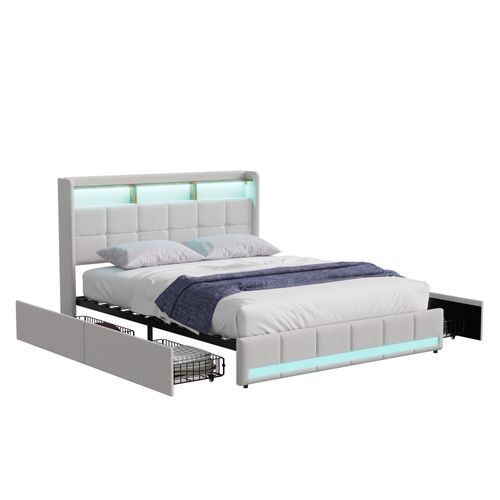 Lit 160x200 Cm Avec LED Et USB, Coffre Avec 4 Tiroirs Et Grand Rangement, Double Avec Lattes, Beige