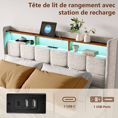 Lit 160x200 Cm Avec LED Et USB, Coffre Avec 4 Tiroirs Et Grand Rangement, Double Avec Lattes, Beige