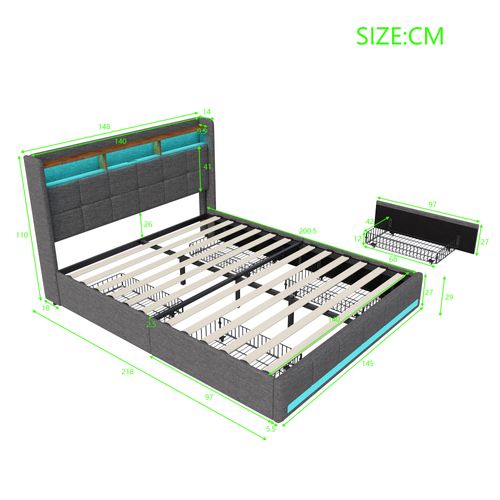 Lit 140x200 Cm Avec LED Et USB, Coffre Avec 4 Tiroirs Et Grand Rangement, Double Avec Lattes, Gris