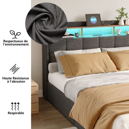Lit 140x200 Cm Avec LED Et USB, Coffre Avec 4 Tiroirs Et Grand Rangement, Double Avec Lattes, Gris