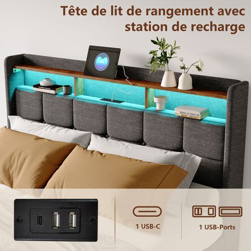 Lit 140x200 Cm Avec LED Et USB, Coffre Avec 4 Tiroirs Et Grand Rangement, Double Avec Lattes, Gris