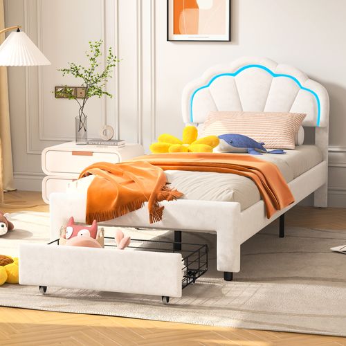 Lit Enfant Rembourré 90x200 Cm Avec Tiroir De Rangement, Avec LED Et Sommier à Lattes, Velours,blanc