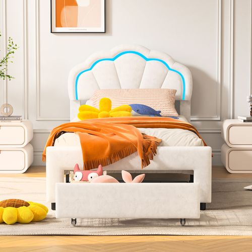 Lit Enfant Rembourré 90x200 Cm Avec Tiroir De Rangement, Avec LED Et Sommier à Lattes, Velours,blanc