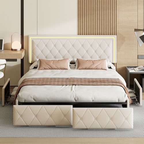 Lit Capitonné LED 140 X 200 Cm, Avec 2 Tiroirs Et Sommier à Lattes, Tête De Lit Réglable, Pu, Beige