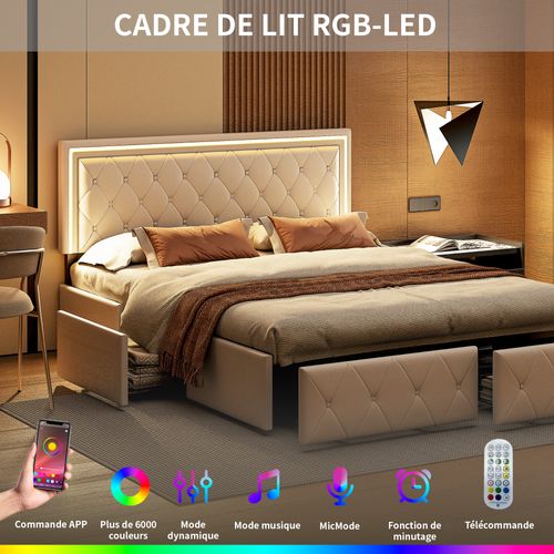 Lit Capitonné LED 140 X 200 Cm, Avec 2 Tiroirs Et Sommier à Lattes, Tête De Lit Réglable, Pu, Beige