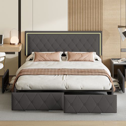 Lit Capitonné LED 140 X 200 Cm, Avec 2 Tiroirs Et Sommier à Lattes, Tête De Lit Réglable, Pu, Gris