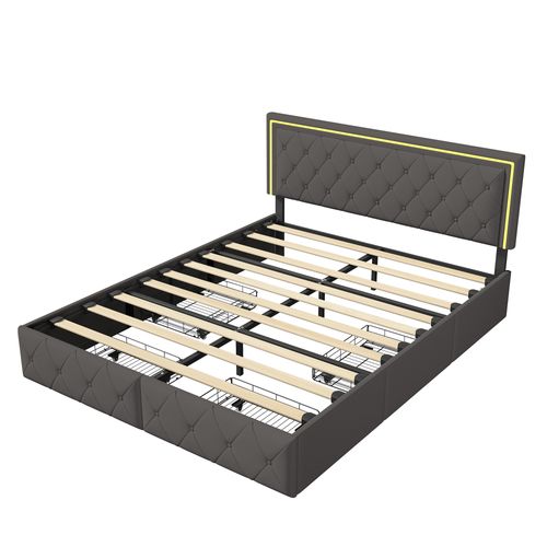 Lit Capitonné LED 140 X 200 Cm, Avec 2 Tiroirs Et Sommier à Lattes, Tête De Lit Réglable, Pu, Gris