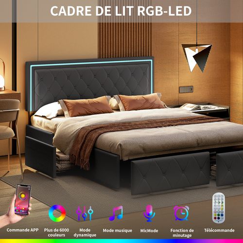 Lit Capitonné LED 140 X 200 Cm, Avec 2 Tiroirs Et Sommier à Lattes, Tête De Lit Réglable, Pu, Gris