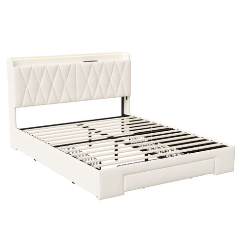 Lit 160 X 200 Cm Avec Sommier Et 3 Tiroir,tête De Lit Rembourrée Avec Rangement Et LED, USB, Beige