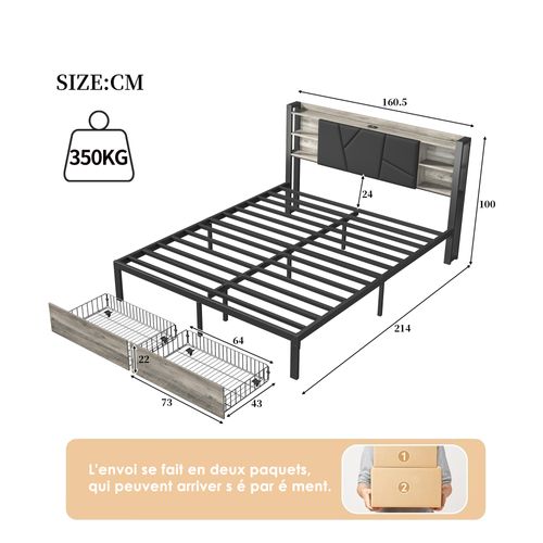 Lit En Métal 160 X 200 Cm Avec LED Et USB, Lit Double Avec Sommier à Lattes Et Rangement, Pu, Noir