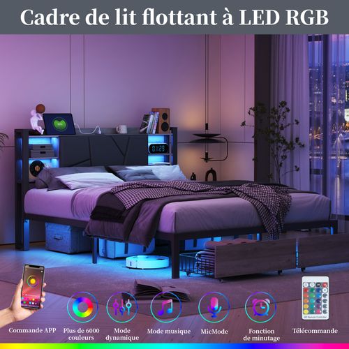 Lit En Métal 160 X 200 Cm Avec LED Et USB, Lit Double Avec Sommier à Lattes Et Rangement, Pu, Noir