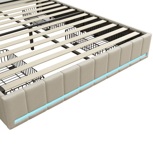 Lit Double Avec Tiroirs 160 X 200 Cm, Lit Double Avec Conteneur Avec LED Et USB, Lin, Beige