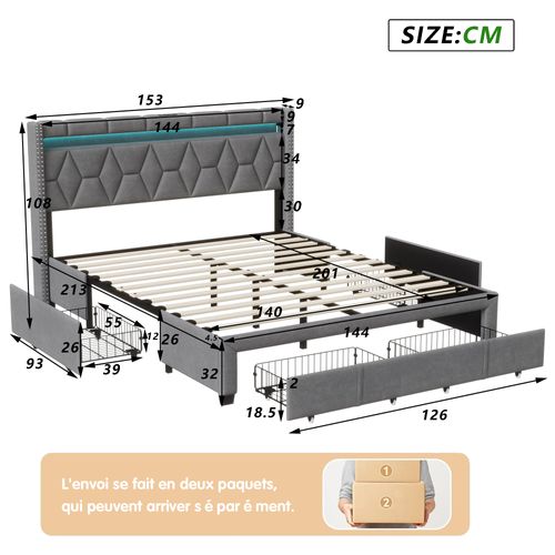 Lit Coffre 140x200, Lit 2 Personnes Avec LED, Lit Capitonné Avec 4 Tiroirs De Rangement, Lin, Gris