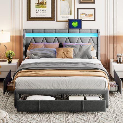 Lit Coffre 140x200, Lit 2 Personnes Avec LED, Lit Capitonné Avec 4 Tiroirs De Rangement, Lin, Gris