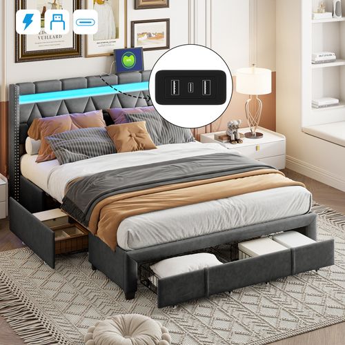 Lit Coffre 140x200, Lit 2 Personnes Avec LED, Lit Capitonné Avec 4 Tiroirs De Rangement, Lin, Gris