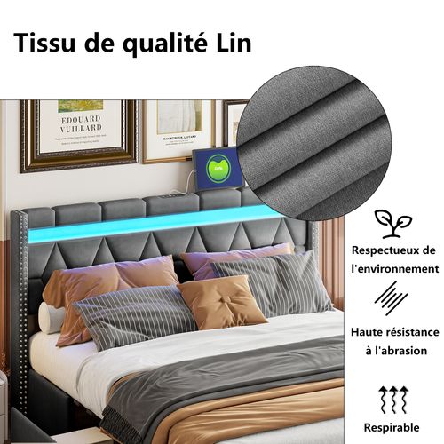 Lit Coffre 140x200, Lit 2 Personnes Avec LED, Lit Capitonné Avec 4 Tiroirs De Rangement, Lin, Gris