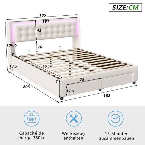 Lit Coffre 180x200 Cm Avec Sommier, Lit Capitonné Avec Rangement, Lit Double Avec LED, Velours,beige