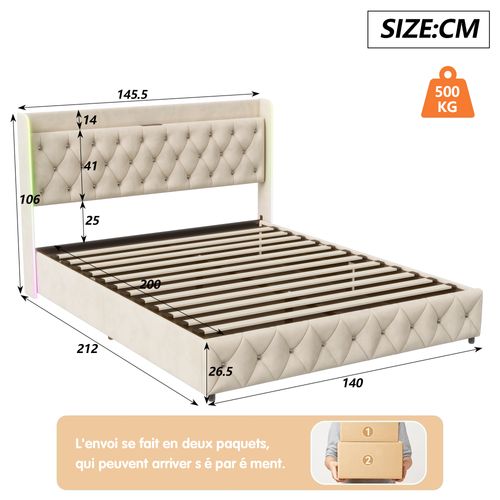 Lit Double 160 X 200 Cm, LED, Avec Charge USB, Avec Espace De Rangement Et Sommier à Lattes, Beige