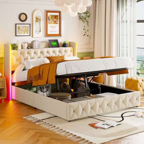 Lit Double 160 X 200 Cm, LED, Avec Charge USB, Avec Espace De Rangement Et Sommier à Lattes, Beige