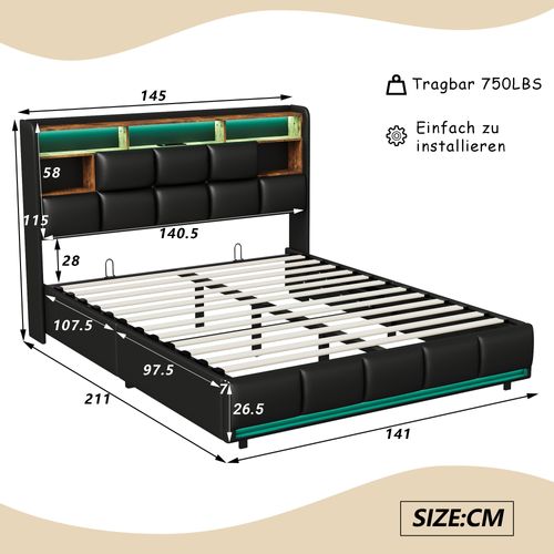 Lit Coffre 140x200cm Avec Sommier, LED Et USB Et Sommier à Lattest, Fonction De Charge, Pu, Noir