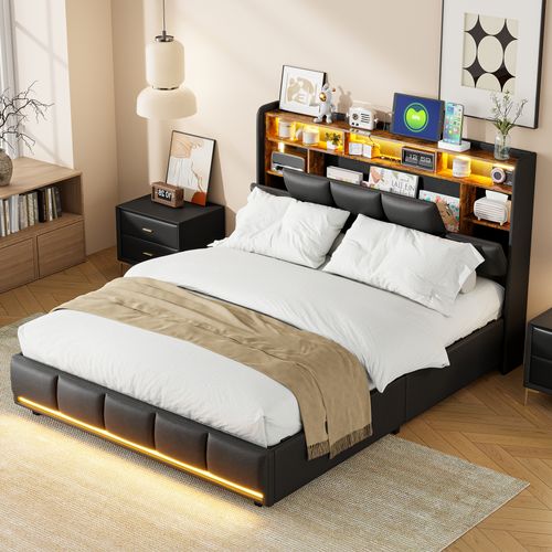 Lit Coffre 160x200cm Avec Sommier, LED Et USB Et Sommier à Lattest, Fonction De Charge, Pu, Noir