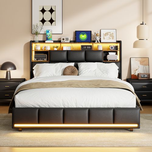 Lit Coffre 160x200cm Avec Sommier, LED Et USB Et Sommier à Lattest, Fonction De Charge, Pu, Noir