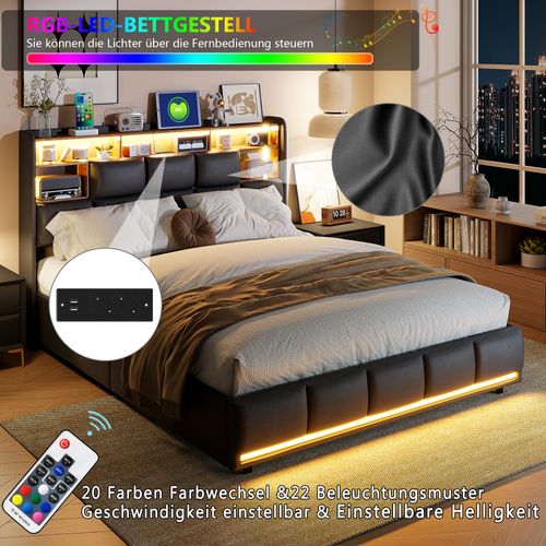 Lit Coffre 160x200cm Avec Sommier, LED Et USB Et Sommier à Lattest, Fonction De Charge, Pu, Noir