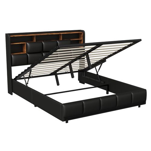 Lit Coffre 160x200cm Avec Sommier, LED Et USB Et Sommier à Lattest, Fonction De Charge, Pu, Noir