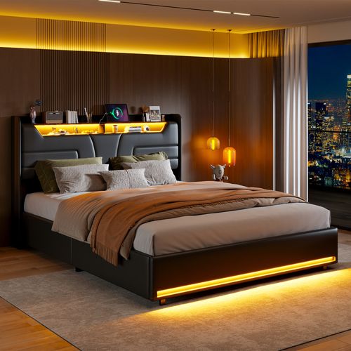 Lit Coffre 160 X 200 Cm, Avec LED Et Port USB, Lit Double Rembourré Avec Tete De Lit, Pu, Noir